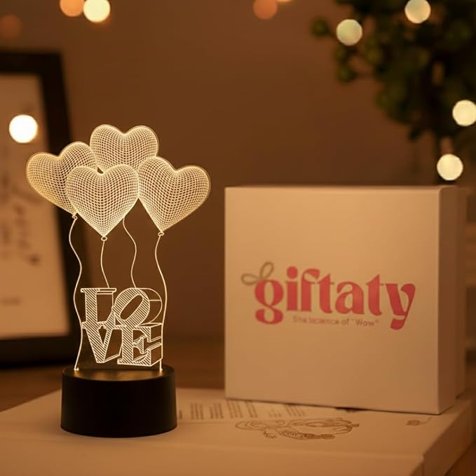 Giftaty Personalized Acrylic LED Lamp With Wooden Box – Custom Names & Message - Giftaty