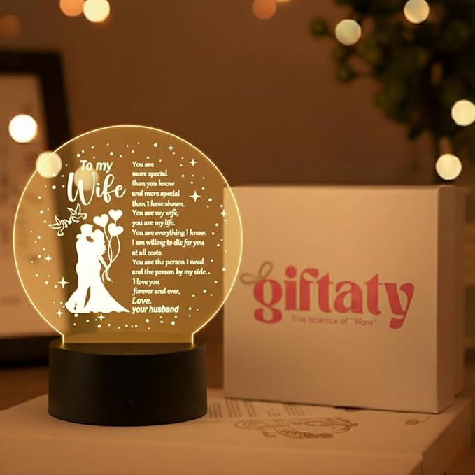 Giftaty Personalized Acrylic LED Lamp With Wooden Box – Custom Names & Message - Giftaty