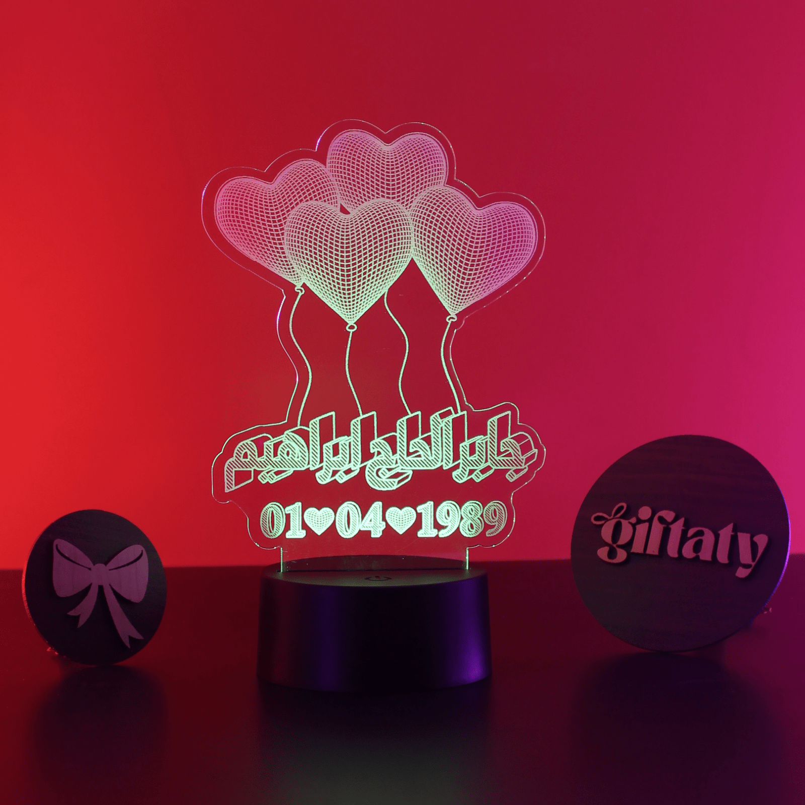 Giftaty Personalized Arabic Acrylic 3D LED Lamp Gift with Wooden Box – Custom Arabic Names & Messages - Giftaty