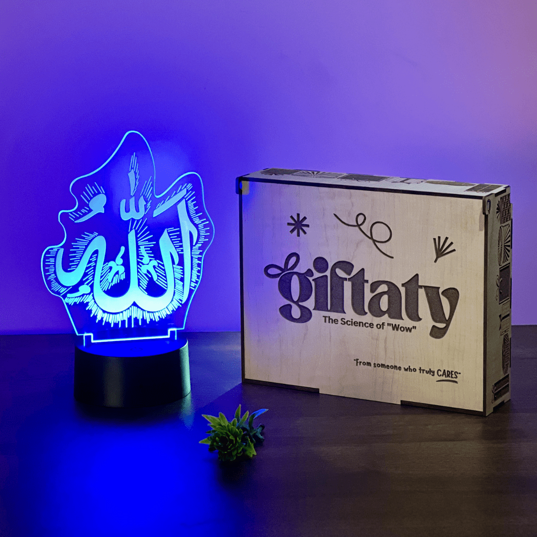 Giftaty Personalized Arabic Acrylic 3D LED Lamp Gift with Wooden Box – Custom Arabic Names & Messages - Giftaty