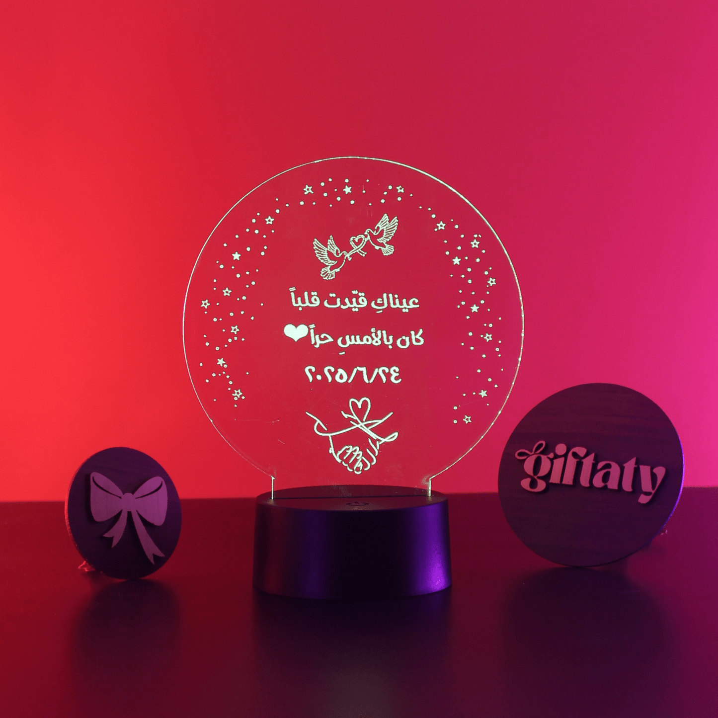 Giftaty Personalized Arabic Acrylic 3D LED Lamp Gift with Wooden Box – Custom Arabic Names & Messages - Giftaty