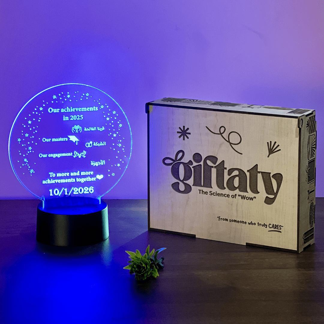 Giftaty Personalized Arabic Acrylic 3D LED Lamp Gift with Wooden Box – Custom Arabic Names & Messages - Giftaty