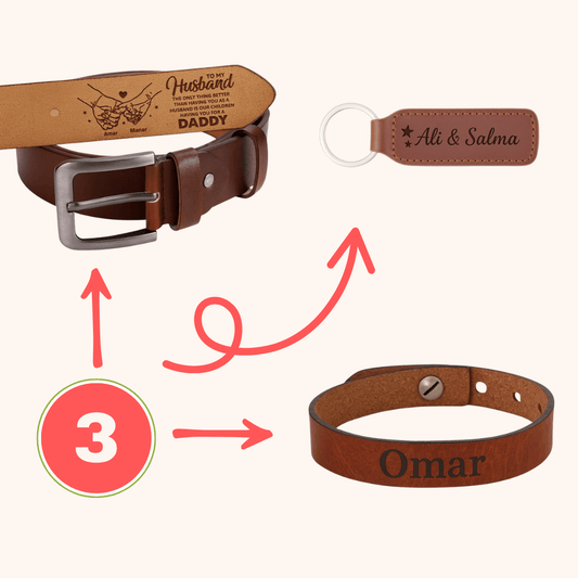 Three-item personalized gift box with belt, bracelet and key ring — a classy personalized gift perfect for men gift boxes Egypt. This premium gift box Egypt set is ideal as birthday gifts for him, gifts for boyfriend, classy gifts for men and unique gifts for men. A standout customizable gift box in gift ideas for men offering