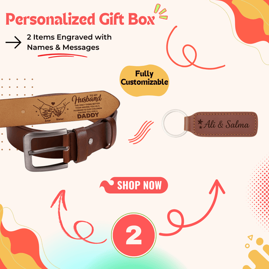 Personalized gift box with custom leather belt and key ring — a stylish personalized gift perfect for men gift boxes Egypt. This unique gifts for men set makes a thoughtful birthday gifts for him, gifts for boyfriend, classy gifts for men and premium gift boxes. A standout customizable gift box combining a belt gift and keychain gift in one elegant gift ideas for men package