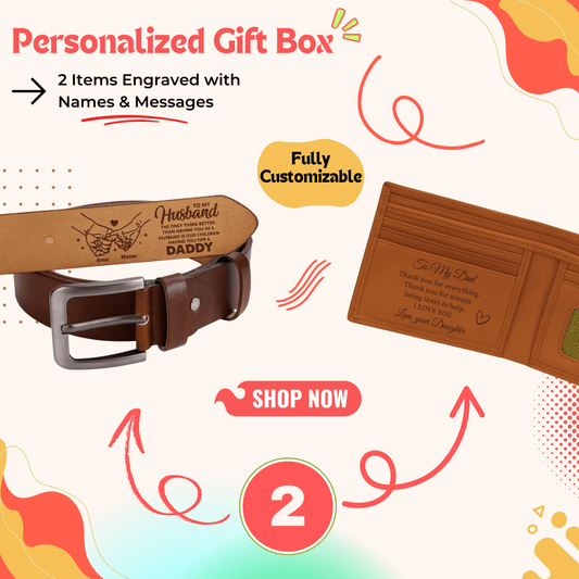 Personalized gift box containing custom leather belt and wallet — a premium personalized gift ideal for men gift boxes Egypt. This luxury gift box Egypt set makes a perfect birthday gifts for him, gifts for boyfriend, classy gifts for men and unique gifts for men. A customizable gift box combining belt gift and wallet gift box into one elegant gift ideas for men package in Egypt.