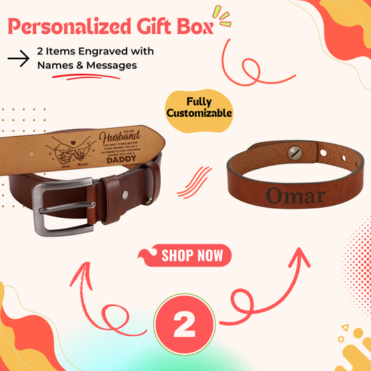 Personalized gift box containing custom bracelet and belt — a premium personalized gift perfect for men gift boxes Egypt. This luxury gift box Egypt set is ideal as birthday gifts for him, gifts for boyfriend, classy gifts for men, and one of the unique gifts for men. A standout customizable gift box combination of bracelet gift and belt gift box in a memorable gift ideas for men package