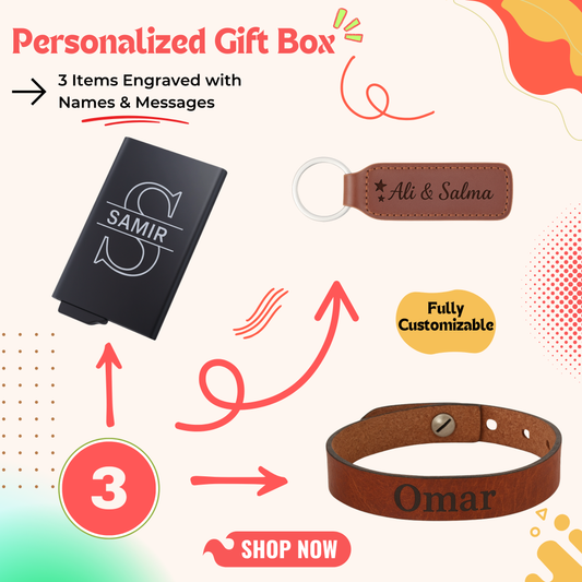 Three-item personalized gift box with custom bracelet, key ring and card holder — a premium personalized gift ideal for men gift boxes Egypt. This luxury gift box Egypt set is a top birthday gifts for him, gifts for boyfriend, classy gifts for men combination. A unique gifts for men package that blends customizable gift boxes, elegant gift boxes and personalized gifts into one unforgettable gift ideas for men.