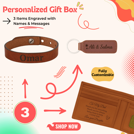Personalized gift box with custom bracelet, key ring and wallet — a deluxe personalized gift perfect for men gift boxes Egypt. This premium gift box Egypt set is ideal as birthday gifts for him, gifts for boyfriend, classy gifts for men and unique gifts for men. A memorable combination in a customizable gift box and elegant gift ideas for men offering