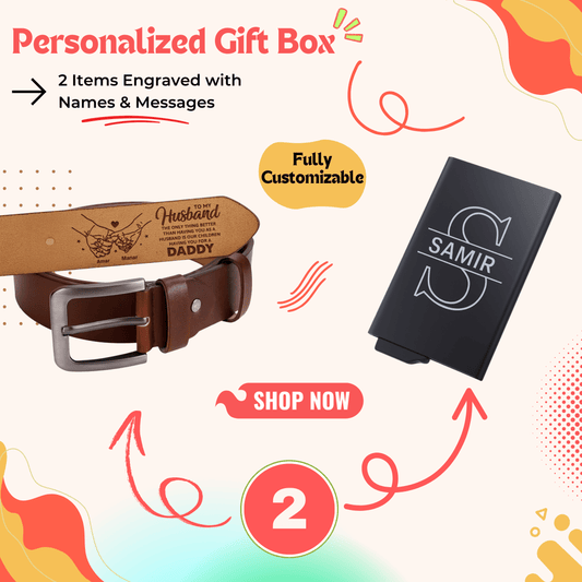 Personalized gift box with custom card holder and belt — a premium personalized gift ideal for men gift boxes Egypt. This luxury gift box Egypt duo is perfect as birthday gifts for him, gifts for boyfriend, classy gifts for men, and unique gifts for men. A standout in customizable gift boxes and gift ideas for men, combining belt gift and card holder gift into one elegant gift box for him