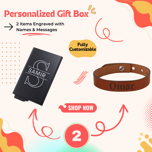 Personalized gift box with custom card holder and bracelet — a refined personalized gift perfect for men gift boxes Egypt. This unique gifts for men set is ideal as birthday gifts for him, gifts for boyfriend, classy gifts for men, and a standout in luxury gift box Egypt. A beautiful, customizable gift box bringing together a cardholder gift and bracelet gift in one elegant gift ideas for men package
