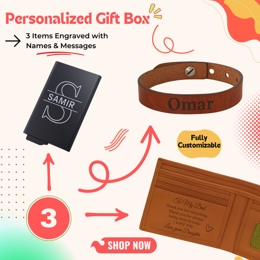 Three-item personalized gift box including card holder, bracelet and wallet — an elegant personalized gift ideal for men gift boxes Egypt. This premium gift box Egypt set is perfect as birthday gifts for him, gifts for boyfriend, classy gifts for men and unique gifts for men. A standout piece in customizable gift boxes and luxury gift box Egypt collections that makes a memorable gift ideas for men