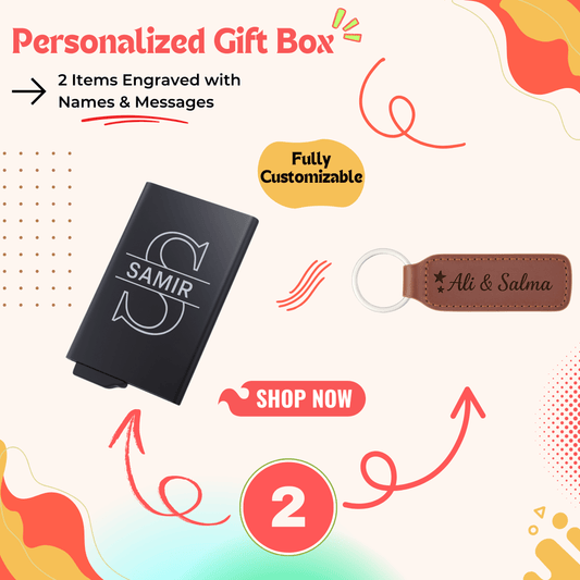 Personalized gift box with custom card holder and key ring — a tasteful personalized gift perfect for men gift boxes Egypt. This unique gifts for men set is ideal as birthday gifts for him, gifts for boyfriend, classy gifts for men, and a standout in luxury gift box Egypt. A customizable gift box combining cardholder gift and keychain gift in one elegant gift ideas for men package