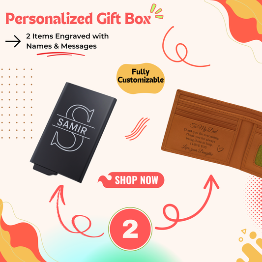 Personalized gift box with custom card holder and wallet — a premium personalized gift perfect for men gift boxes Egypt. This elegant gift set is ideal as birthday gifts for him, gifts for boyfriend, classy gifts for men, and luxury gift box Egypt offering. A standout customizable gift box combining cardholder gift and wallet gift box into one memorable gift ideas for men