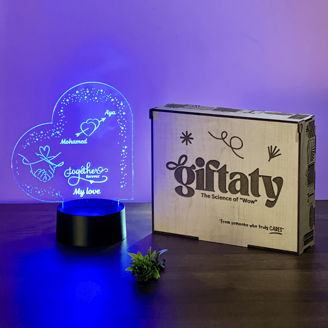 Giftaty Personalized English Acrylic 3D LED Lamp Gift with Wooden Box – Custom Names & Messages - Giftaty