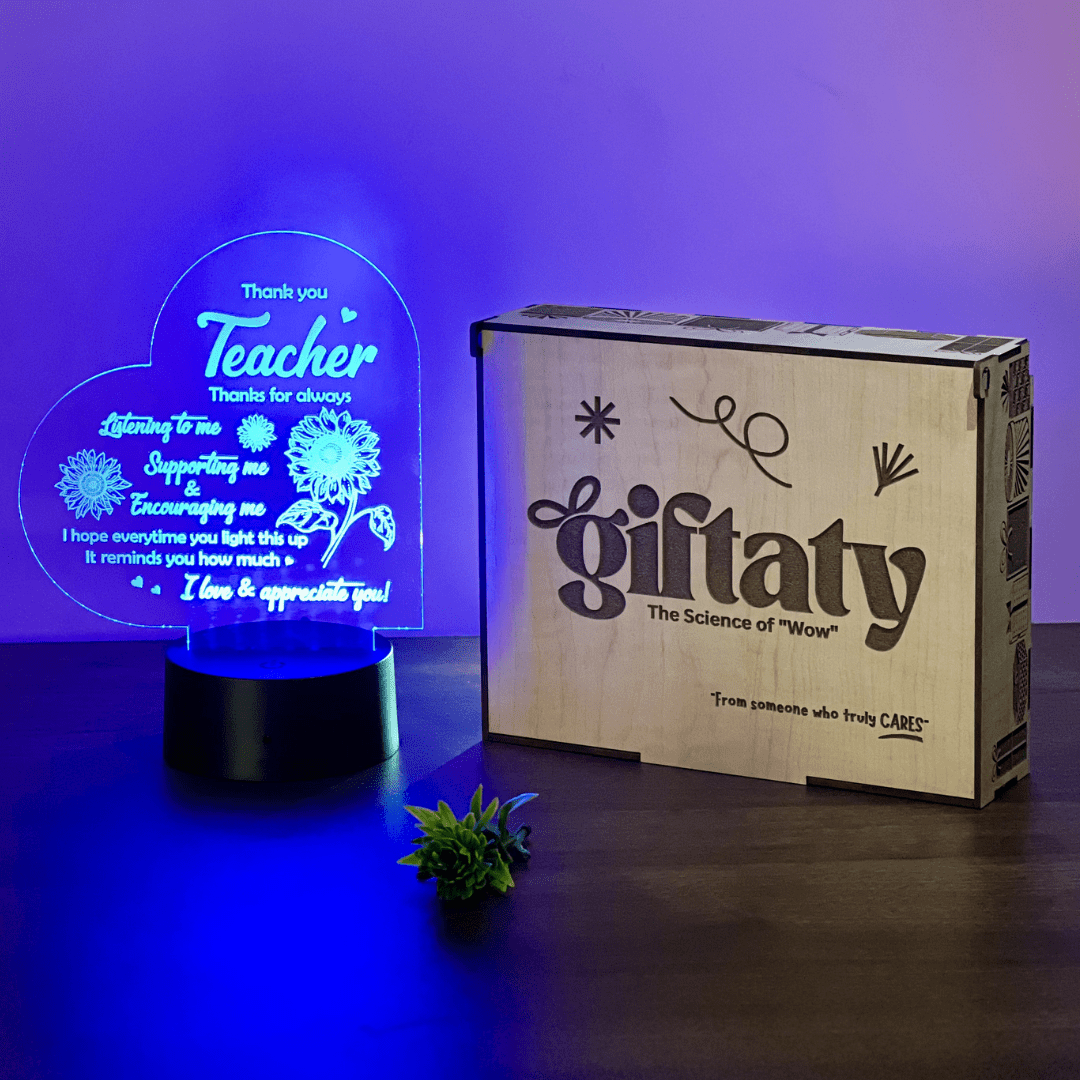 Giftaty Personalized English Acrylic 3D LED Lamp Gift with Wooden Box – Custom Names & Messages - Giftaty