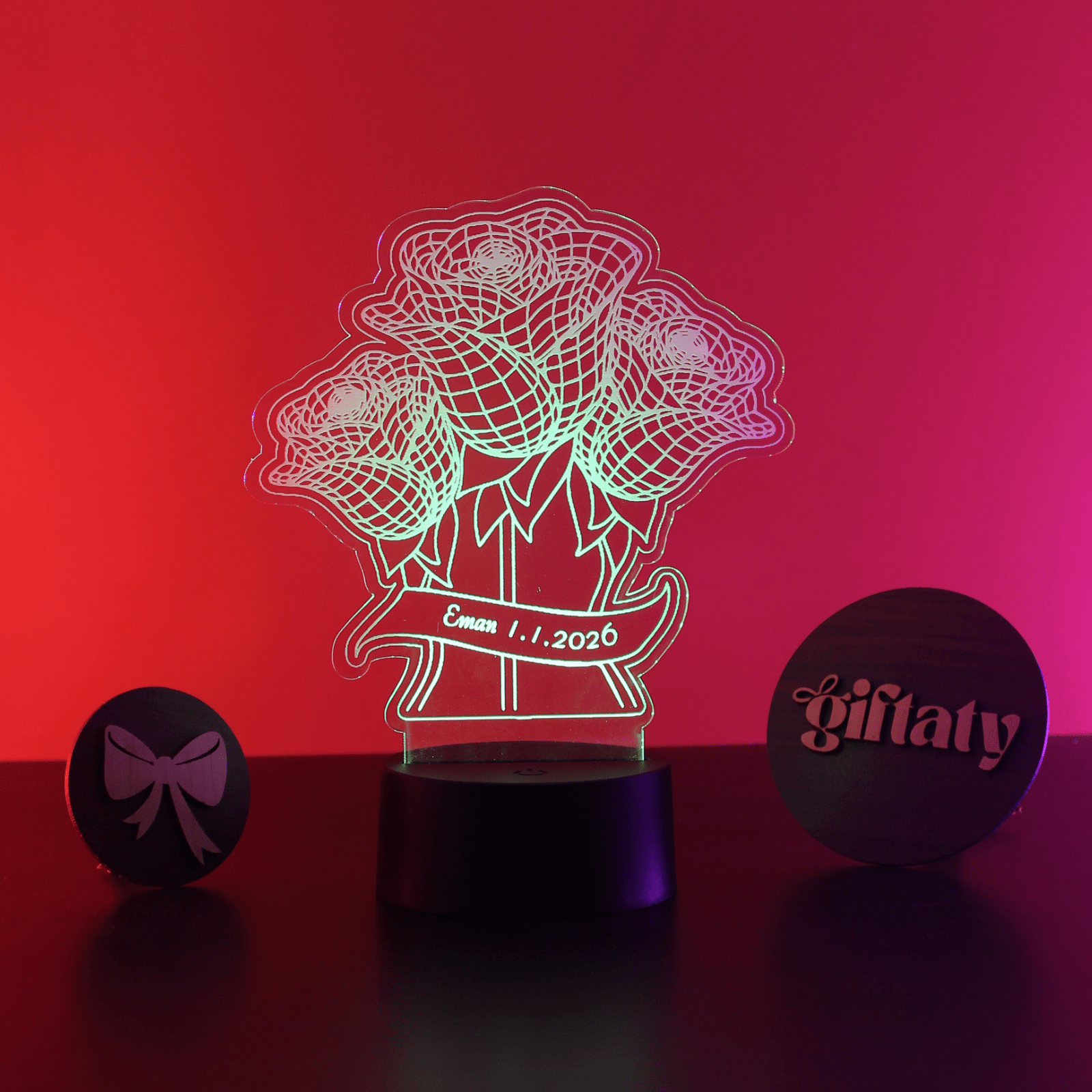 Giftaty Personalized English Acrylic 3D LED Lamp Gift with Wooden Box – Custom Names & Messages - Giftaty