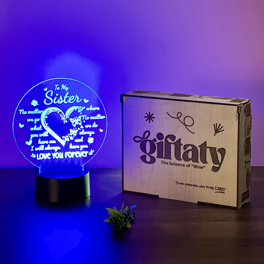 Giftaty Personalized English Acrylic 3D LED Lamp Gift with Wooden Box – Custom Names & Messages - Giftaty
