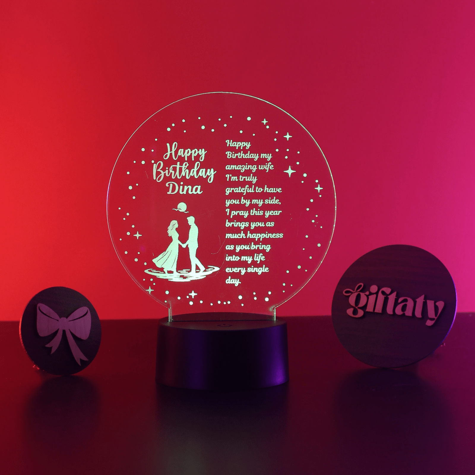 Giftaty Personalized English Acrylic 3D LED Lamp Gift with Wooden Box – Custom Names & Messages - Giftaty