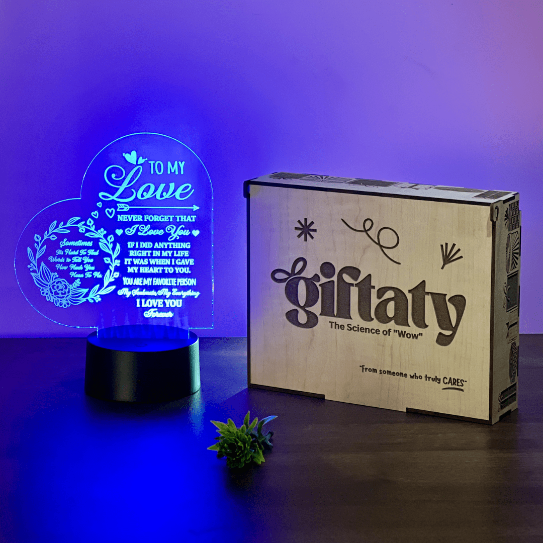 Giftaty Personalized English Acrylic 3D LED Lamp Gift with Wooden Box – Custom Names & Messages - Giftaty