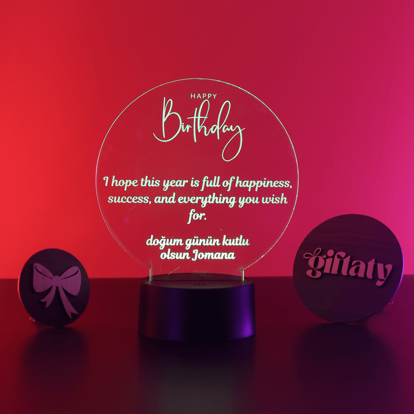 Giftaty Personalized English Acrylic 3D LED Lamp Gift with Wooden Box – Custom Names & Messages - Giftaty