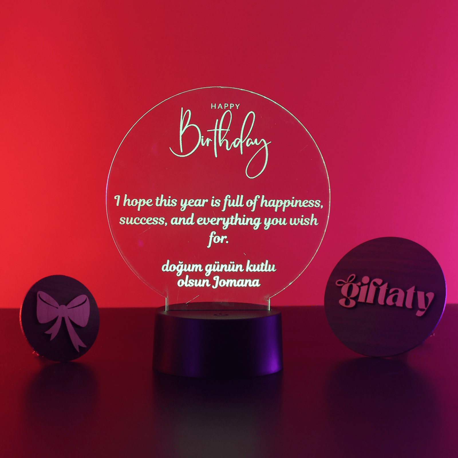 Giftaty Personalized English Acrylic 3D LED Lamp Gift with Wooden Box – Custom Names & Messages - Giftaty