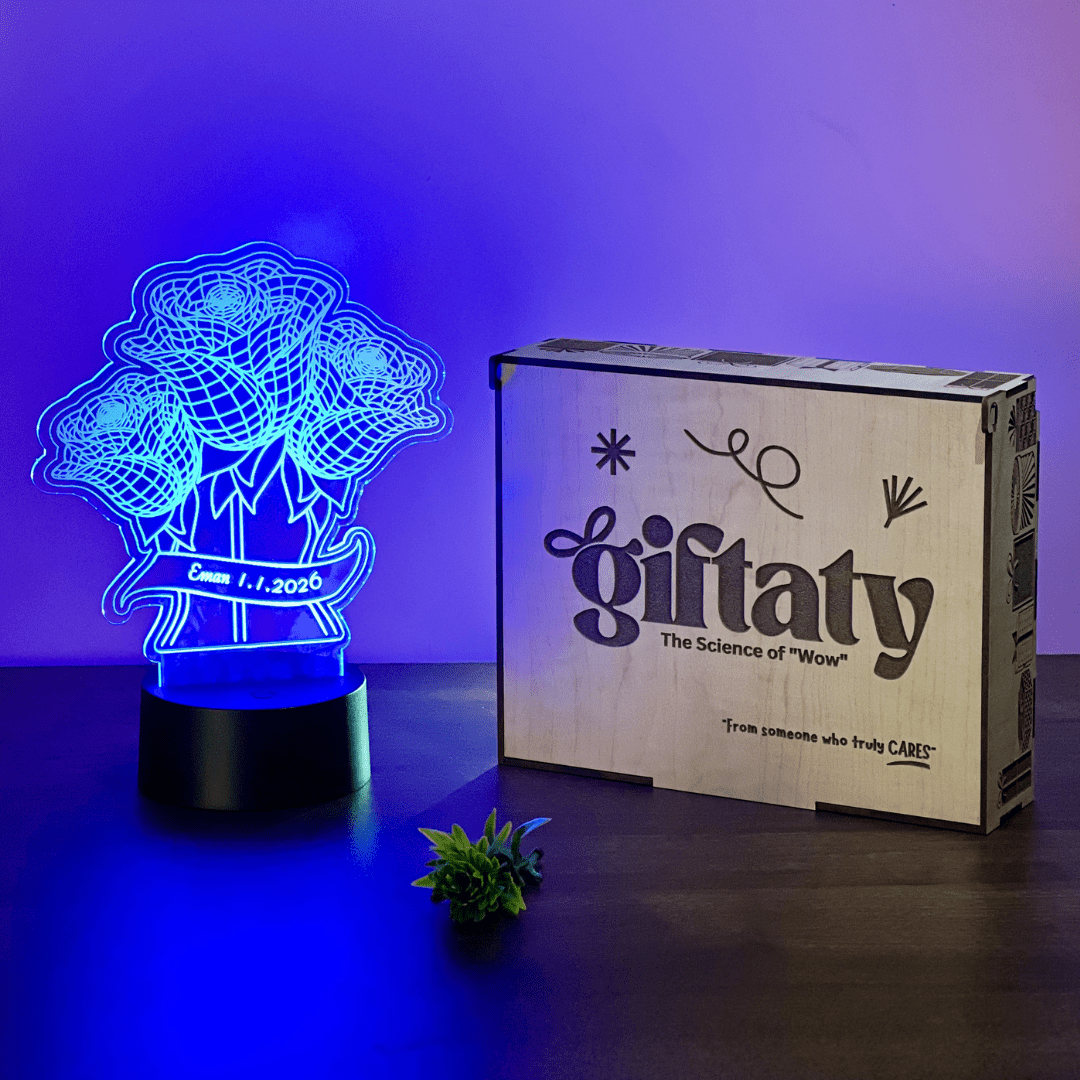 Giftaty Personalized English Acrylic 3D LED Lamp Gift with Wooden Box – Custom Names & Messages - Giftaty