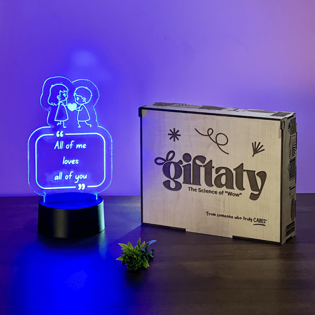 Giftaty Personalized English Acrylic 3D LED Lamp Gift with Wooden Box – Custom Names & Messages - Giftaty