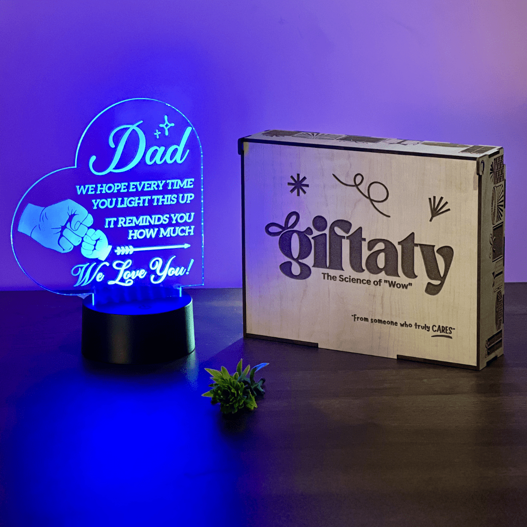 Giftaty Personalized English Acrylic 3D LED Lamp Gift with Wooden Box – Custom Names & Messages - Giftaty