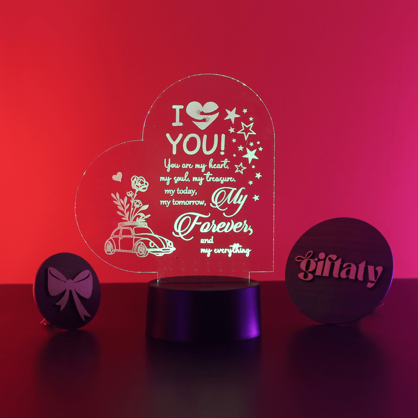 Giftaty Personalized English Acrylic 3D LED Lamp Gift with Wooden Box – Custom Names & Messages - Giftaty