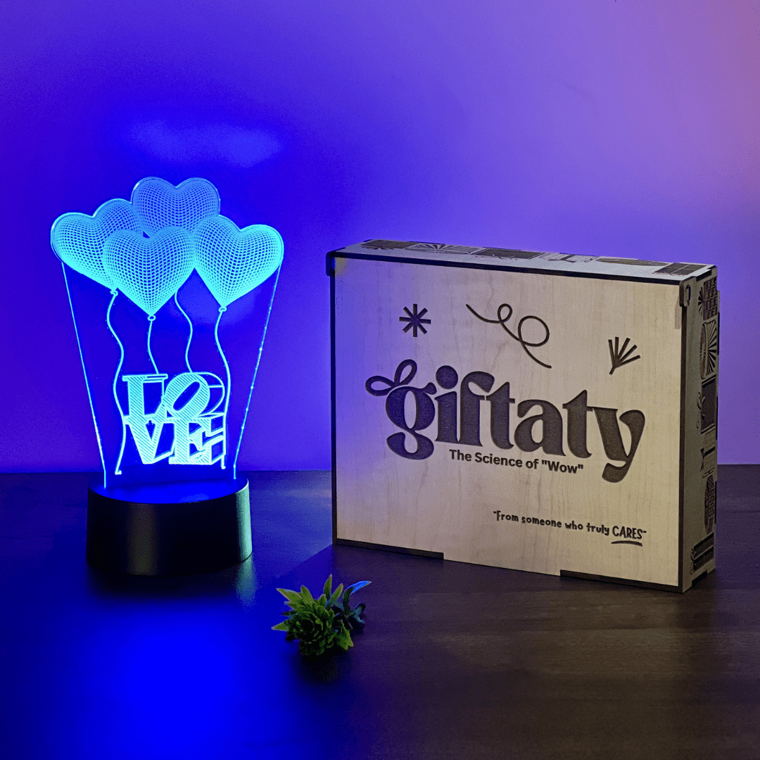 Giftaty Personalized English Acrylic 3D LED Lamp Gift with Wooden Box – Custom Names & Messages - Giftaty