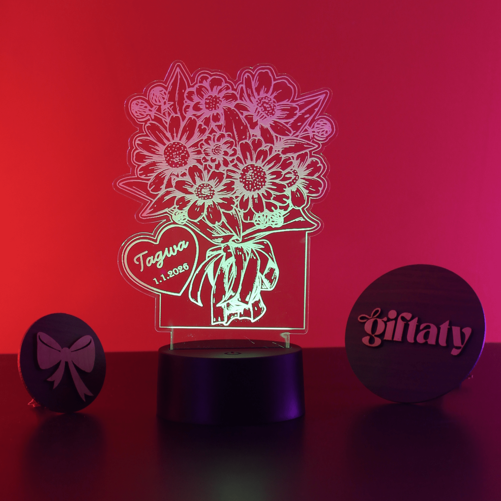 Giftaty Personalized English Acrylic 3D LED Lamp Gift with Wooden Box – Custom Names & Messages - Giftaty