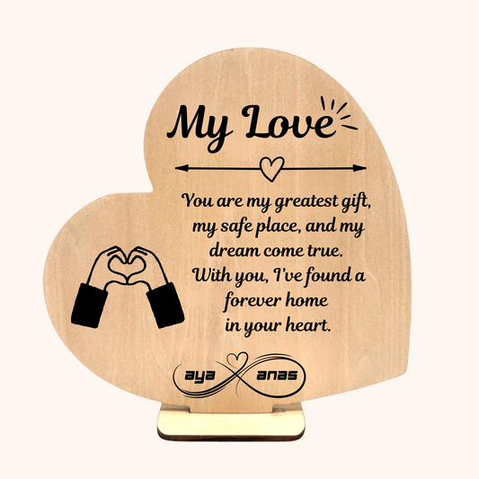 Heart-shaped personalized wooden plaque with custom names and message — a romantic personalized gift ideal for men gift boxes Egypt. This unique gifts for men keepsake blends beautifully among classy gifts for men, gifts for boyfriend, anniversary gift box for him Egypt, and luxury gift box Egypt options. A standout in personalized gift box for him and gift ideas for men categories