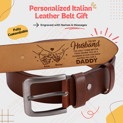 Premium Italian leather belt with custom engraving — a timeless accessory for men. Crafted from genuine vegetable-tanned buffalo leather, this belt offers both style and durability. Personalized with names, initials, or messages, it serves as a perfect gift for birthdays, anniversaries, Father's Day, or special occasions. Ideal for those seeking high-quality, customizable leather accessories in Egypt