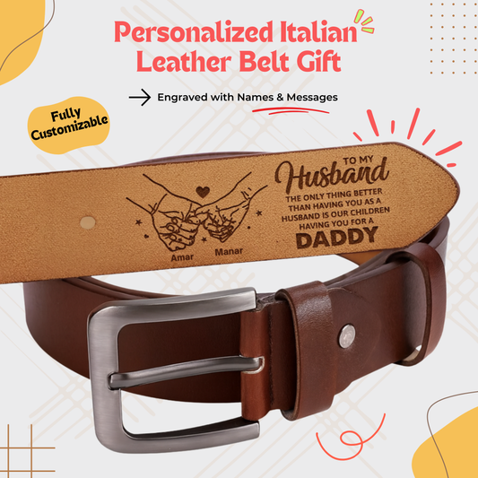 Premium Italian leather belt with custom engraving — a timeless accessory for men. Crafted from genuine vegetable-tanned buffalo leather, this belt offers both style and durability. Personalized with names, initials, or messages, it serves as a perfect gift for birthdays, anniversaries, Father's Day, or special occasions. Ideal for those seeking high-quality, customizable leather accessories in Egypt