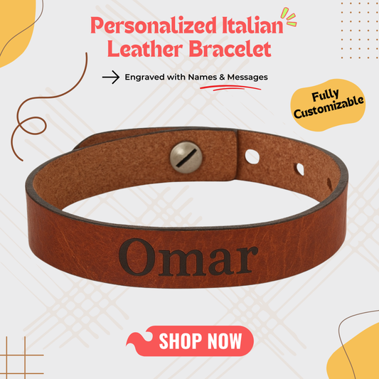 Giftaty Personalized Italian Leather Bracelet — a handcrafted unisex accessory made from 100% genuine Italian leather. This bracelet can be engraved with your name, initials, special date, or message in Arabic or English, making it a meaningful keepsake. Ideal for birthdays, anniversaries, Valentine's Day, Father's Day, or as a thoughtful gift for partners, friends, or family