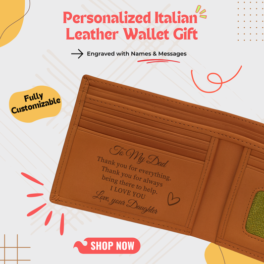 Personalized Italian leather wallet from Giftaty — a luxurious and customizable accessory perfect for men in Egypt. This high-quality wallet offers engraving in Arabic or English, making it an ideal gift for birthdays, anniversaries, or special occasions. A standout in men's gift boxes and personalized gifts for him.