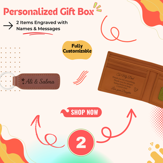 Personalized gift box containing custom leather key ring and wallet — a premium personalized gift perfect for men gift boxes Egypt. This luxury gift box Egypt set is ideal as birthday gifts for him, gifts for boyfriend, classy gifts for men and unique gifts for men. A customizable gift box combining keychain gift and wallet gift box in a memorable gift ideas for men package in Egypt.
