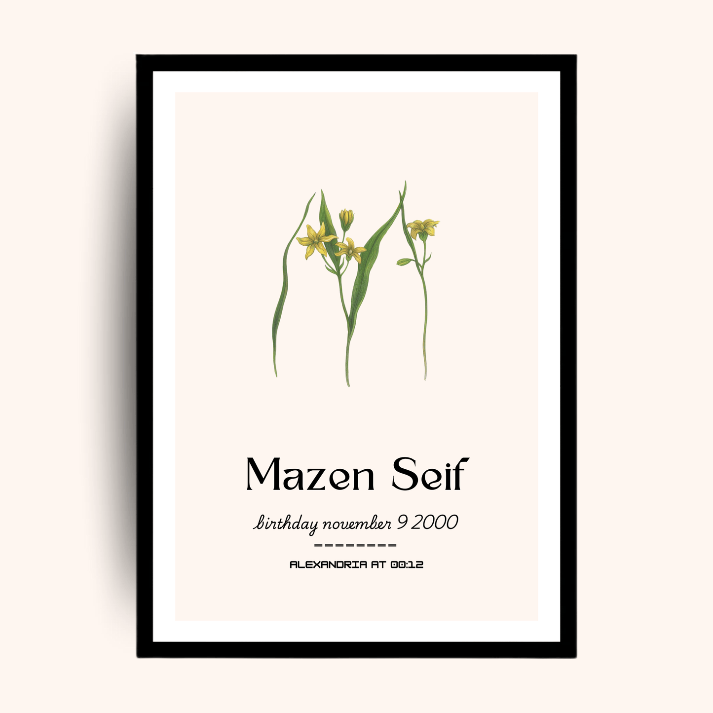 Floral birthday poster with custom name, date and location — a vibrant personalized gift ideal for men gift boxes Egypt. This unique gifts for men print works beautifully as birthday gifts for him, gifts for boyfriend, classy gifts for men, and luxury gift box Egypt additions. A standout in customizable gift boxes and gift ideas for men, this personalized gift box for him becomes a memorable keepsake