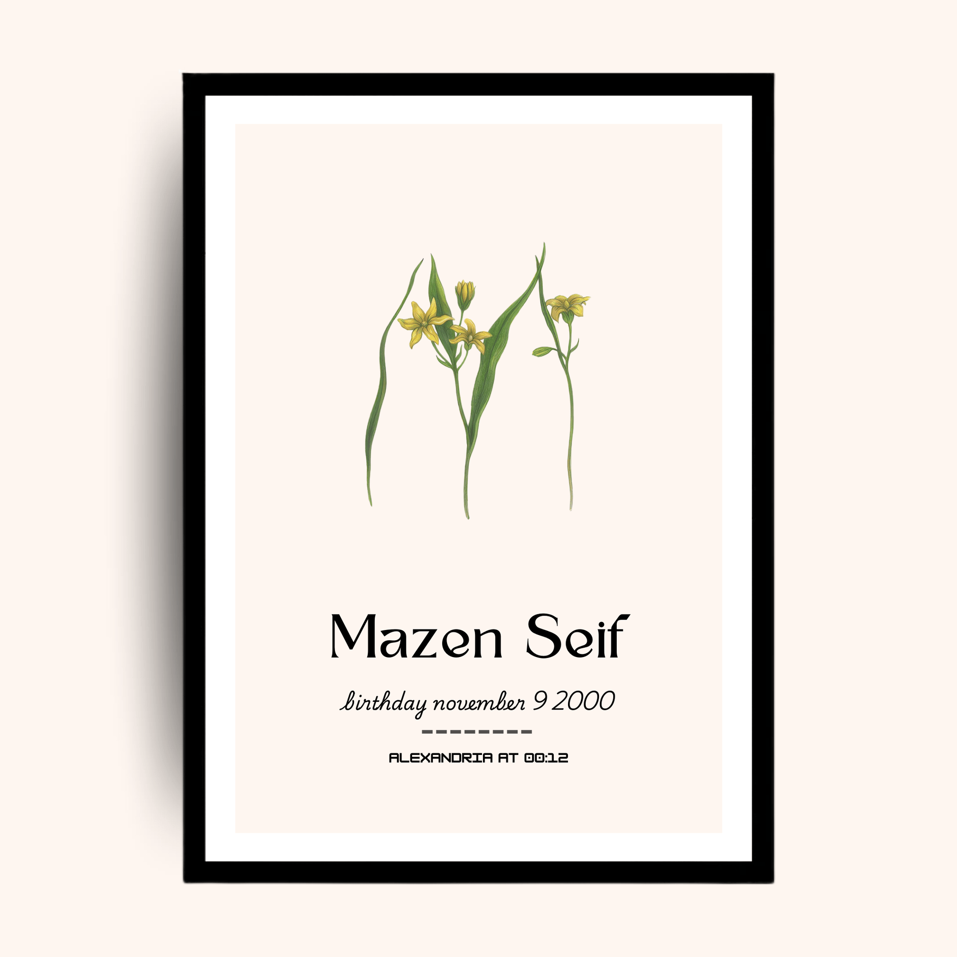 Floral birthday poster with custom name, date and location — a vibrant personalized gift ideal for men gift boxes Egypt. This unique gifts for men print works beautifully as birthday gifts for him, gifts for boyfriend, classy gifts for men, and luxury gift box Egypt additions. A standout in customizable gift boxes and gift ideas for men, this personalized gift box for him becomes a memorable keepsake