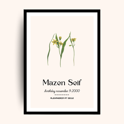 Floral birthday poster with custom name, date and location — a vibrant personalized gift ideal for men gift boxes Egypt. This unique gifts for men print works beautifully as birthday gifts for him, gifts for boyfriend, classy gifts for men, and luxury gift box Egypt additions. A standout in customizable gift boxes and gift ideas for men, this personalized gift box for him becomes a memorable keepsake