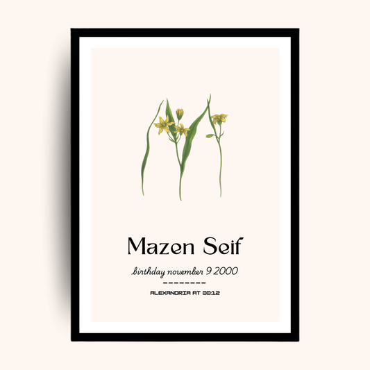 Floral birthday poster with custom name, date and location — a vibrant personalized gift ideal for men gift boxes Egypt. This unique gifts for men print works beautifully as birthday gifts for him, gifts for boyfriend, classy gifts for men, and luxury gift box Egypt additions. A standout in customizable gift boxes and gift ideas for men, this personalized gift box for him becomes a memorable keepsake