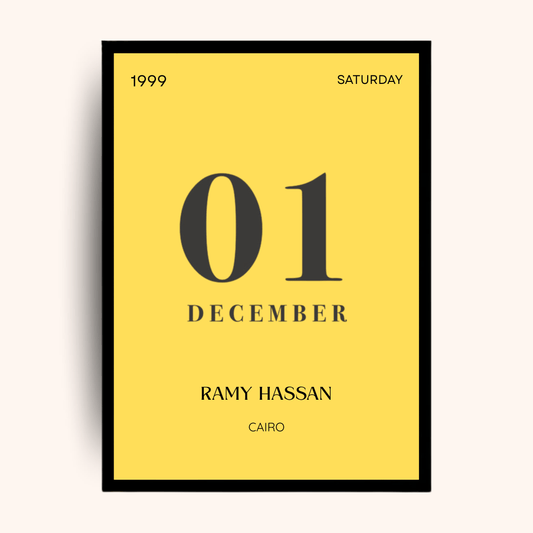 Personalized poster marking a special date with custom name and location — a meaningful personalized gift perfect for men gift boxes Egypt. This unique gifts for men artwork blends beautifully with classy gifts for men, birthday gift ideas for him, gifts for boyfriend Egypt, and luxury gift box Egypt offerings. A standout in personalized gift box for him and gift ideas for men collections