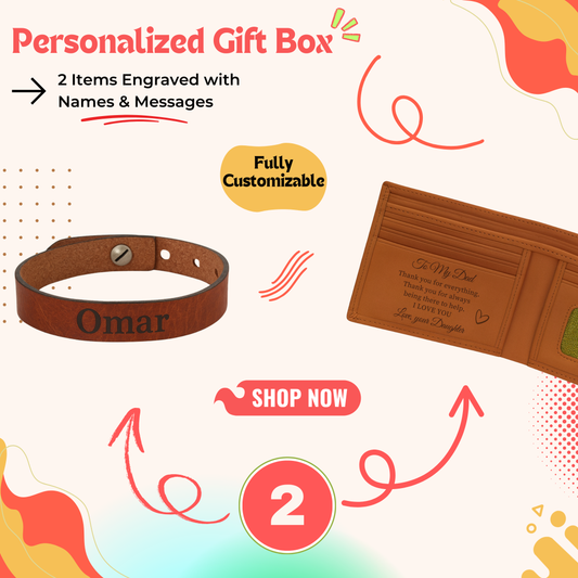 Two-item personalized gift box containing custom leather wallet and matching bracelet — a premium personalized gift perfect for men gift boxes Egypt. This luxury gift box Egypt set is one of the top birthday gifts for him, gifts for boyfriend, classy gifts for men and unique gifts for men. A customizable gift box experience combining leather wallet gift and bracelet gift box in one unforgettable gift ideas for men package.