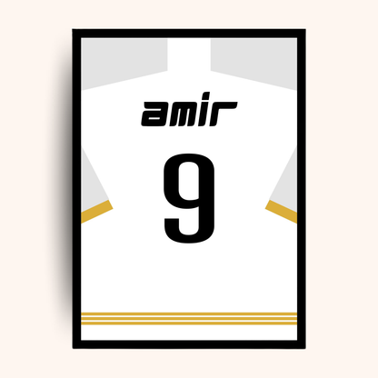 Personalized white football jersey poster with custom name and number — a sporty personalized gift that fits perfectly into men gift boxes Egypt. This unique gifts for men print is ideal as birthday gifts for him, gifts for boyfriend, classy gifts for men and a standout in luxury gift box Egypt collections. A memorable addition to customizable gift boxes and gift ideas for men, this personalized gift box for him is sure to impress.
