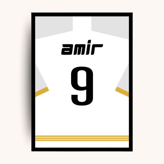 Personalized white football jersey poster with custom name and number — a sporty personalized gift that fits perfectly into men gift boxes Egypt. This unique gifts for men print is ideal as birthday gifts for him, gifts for boyfriend, classy gifts for men and a standout in luxury gift box Egypt collections. A memorable addition to customizable gift boxes and gift ideas for men, this personalized gift box for him is sure to impress.
