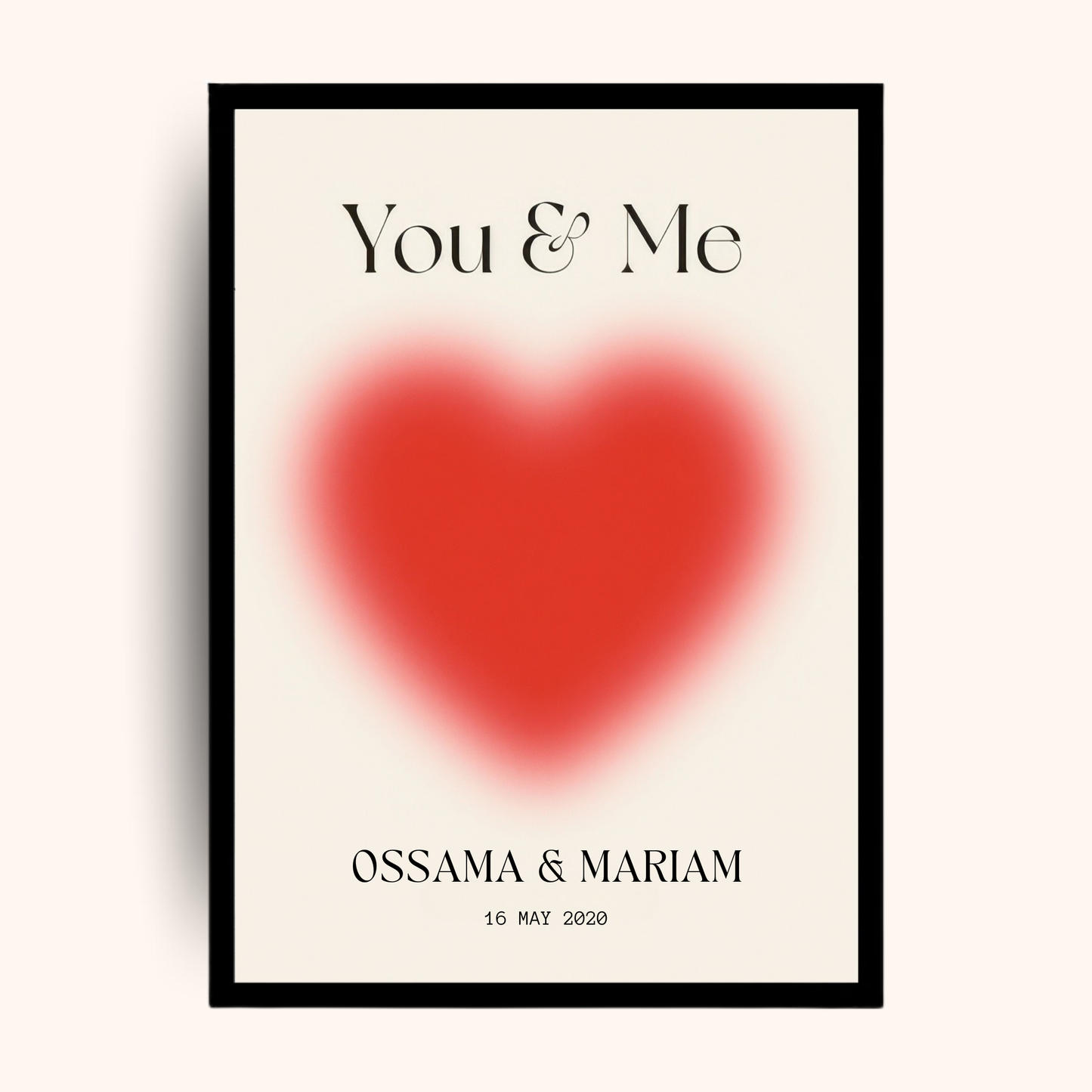 Personalized poster reading ‘You + Me’ with red heart and custom names and date — a romantic personalized gift perfect for men gift boxes Egypt. This unique gifts for men print works beautifully as birthday gifts for him, gifts for boyfriend, classy gifts for men, and a special anniversary gift box for him. A standout in customizable gift boxes and gift ideas for men, this personalized gift box for him is unforgettable.