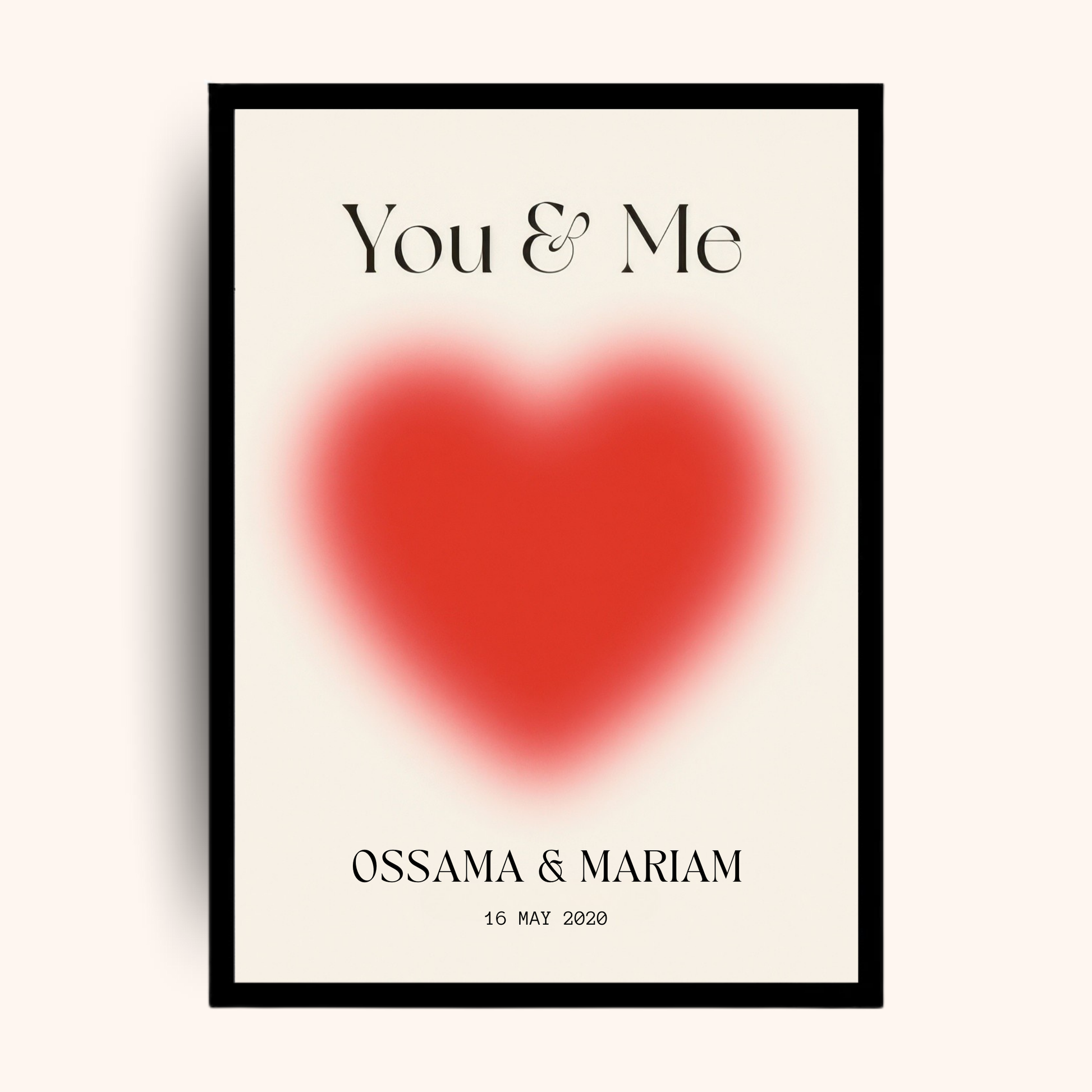 Personalized poster reading ‘You + Me’ with red heart and custom names and date — a romantic personalized gift perfect for men gift boxes Egypt. This unique gifts for men print works beautifully as birthday gifts for him, gifts for boyfriend, classy gifts for men, and a special anniversary gift box for him. A standout in customizable gift boxes and gift ideas for men, this personalized gift box for him is unforgettable.