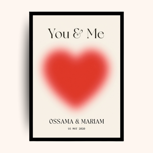 Personalized poster reading ‘You + Me’ with red heart and custom names and date — a romantic personalized gift perfect for men gift boxes Egypt. This unique gifts for men print works beautifully as birthday gifts for him, gifts for boyfriend, classy gifts for men, and a special anniversary gift box for him. A standout in customizable gift boxes and gift ideas for men, this personalized gift box for him is unforgettable.