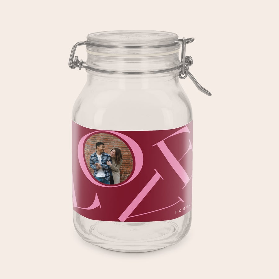 2L glass jar with hinged lid customized with a photo, name or logo sticker by Giftaty