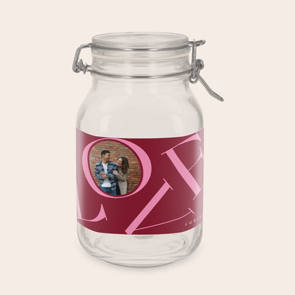 2L glass jar with hinged lid customized with a photo, name or logo sticker by Giftaty